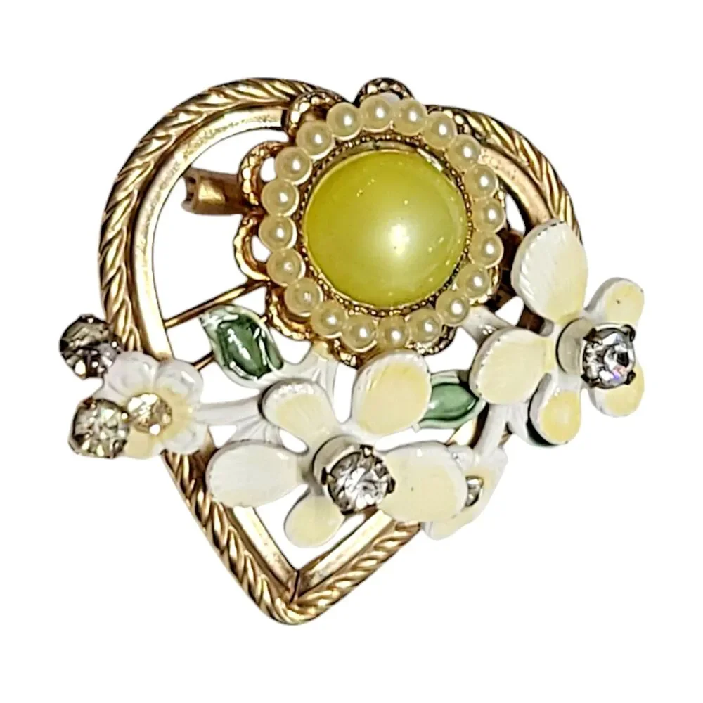 Vintage Gold Tone Rhinestone Faux Pearl Enamel Flower Bouquet Heart Brooch Pin